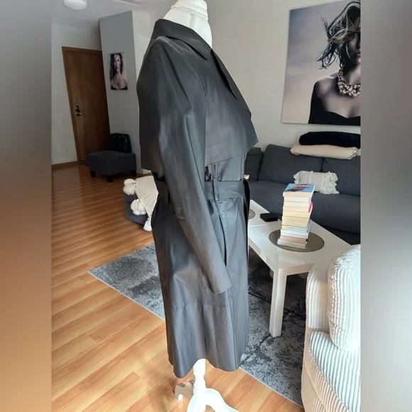 DKNY Black Leather Trench Coat - Picture 3 of 7